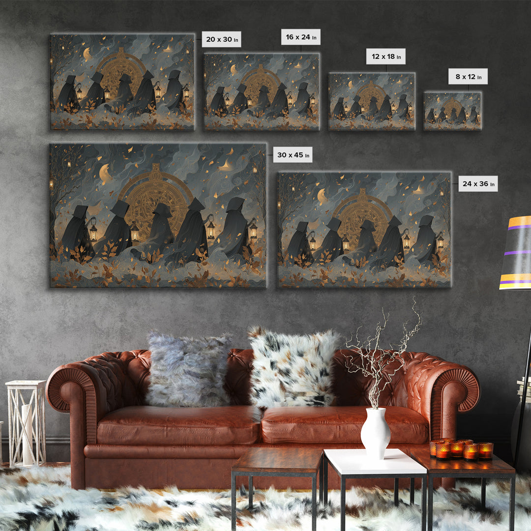The Cursed Astrolabe - Procession Scene, Macabre Halloween Art, Landscape Wall Art, Framed Canvas Print, Halloween Home Decor
