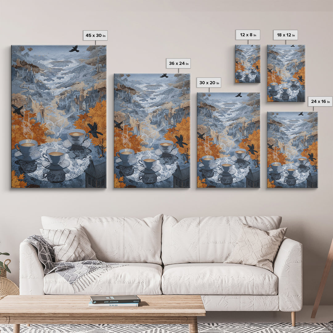 The Haunted Teacup Seance - Environmental Panorama, Spooky Wall Decor, Vertical Wall Art, Framed Canvas Print, Halloween Home Decor