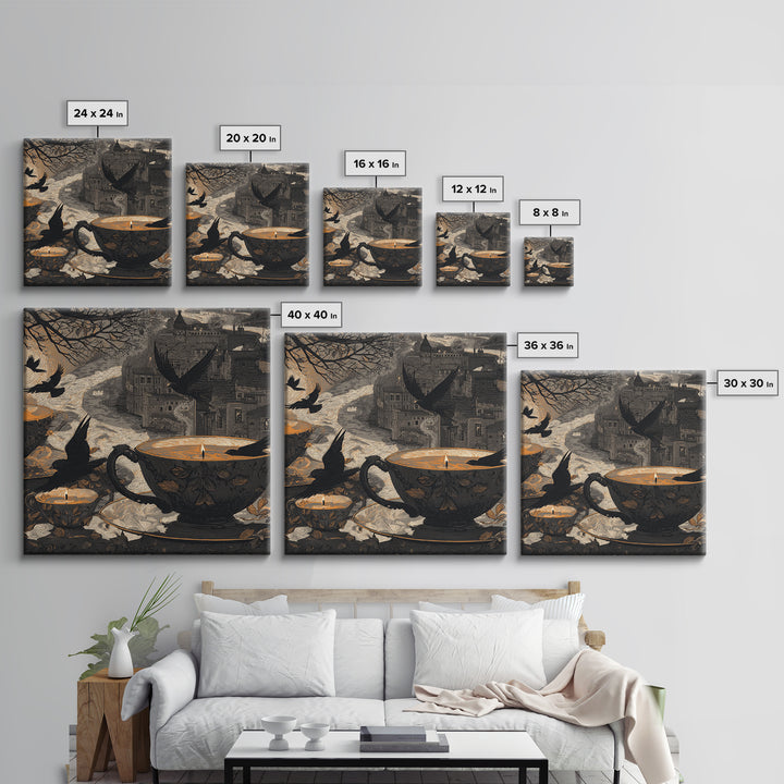 The Haunted Teacup Seance - Environmental Panorama, Dark Fantasy Wall Art, Square Wall Art, Canvas Print, Halloween Home Decor