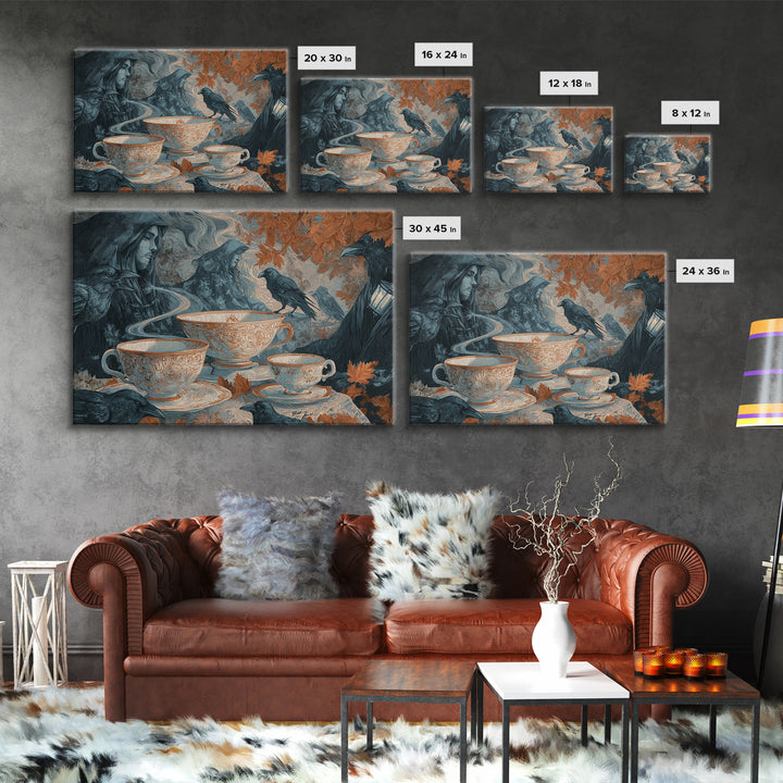 The Haunted Teacup Seance - Procession Scene, Macabre Halloween Art, Landscape Wall Art, Framed Canvas Print, Halloween Home Decor