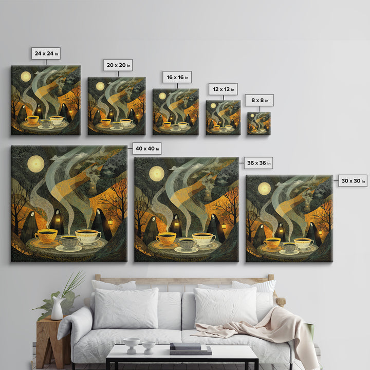 The Haunted Teacup Seance - Procession Scene, Occult Wall Decor, Square Wall Art, Canvas Print, Halloween Home Decor, Gothic Wall Art