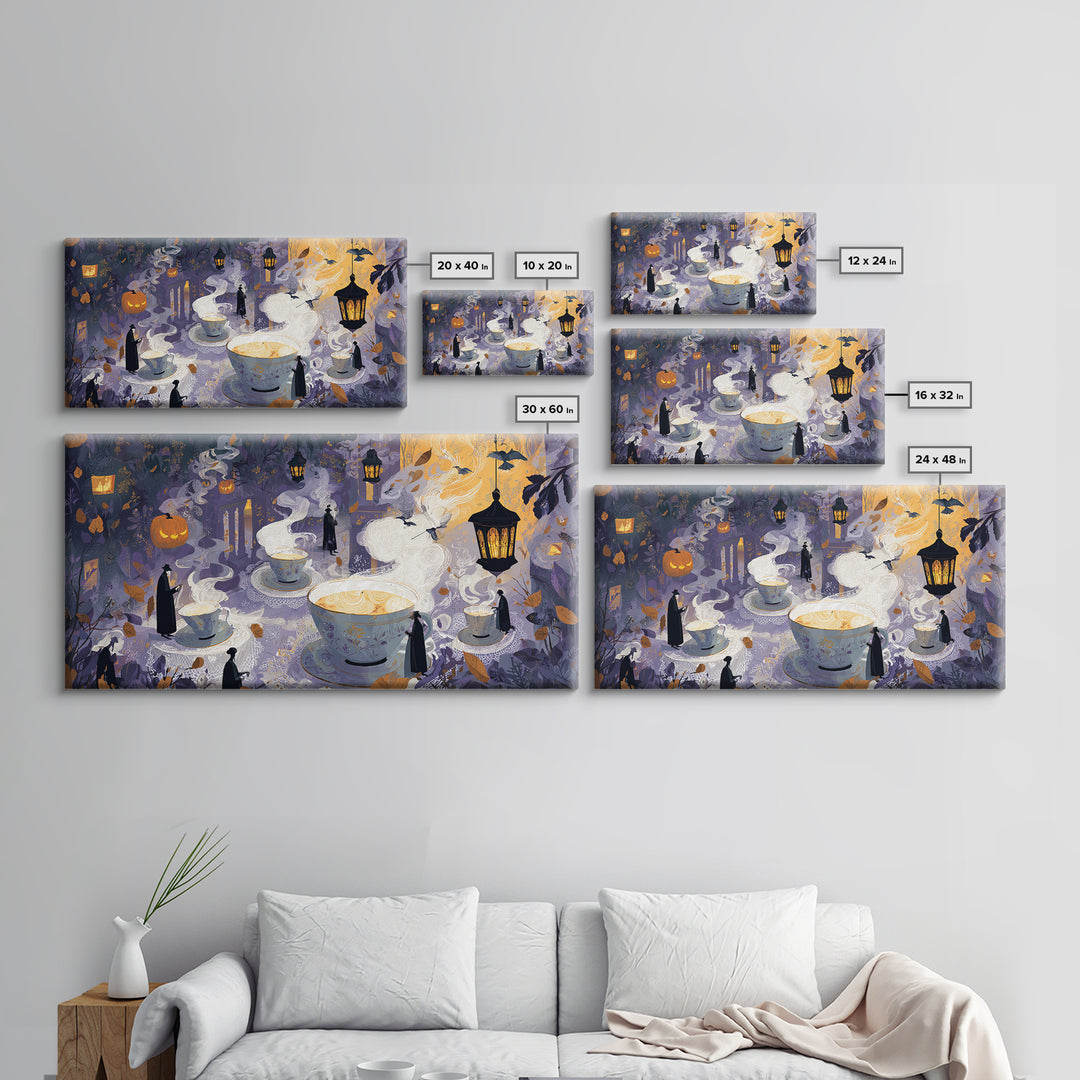 The Haunted Teacup Seance - Procession Scene, Dark Fantasy Wall Art, Wide Panoramic Art, Canvas Print, Halloween Home Decor, Gothic Wall Art