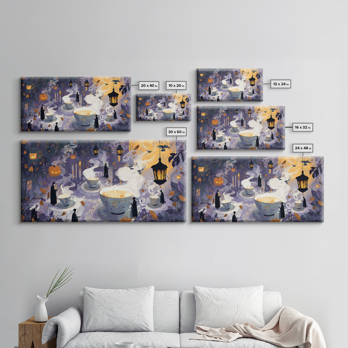 The Haunted Teacup Seance - Procession Scene, Dark Fantasy Wall Art, Wide Panoramic Art, Canvas Print, Halloween Home Decor, Gothic Wall Art