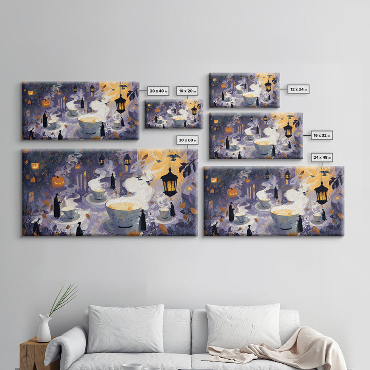 The Haunted Teacup Seance - Procession Scene, Dark Fantasy Wall Art, Wide Panoramic Art, Canvas Print, Halloween Home Decor, Gothic Wall Art