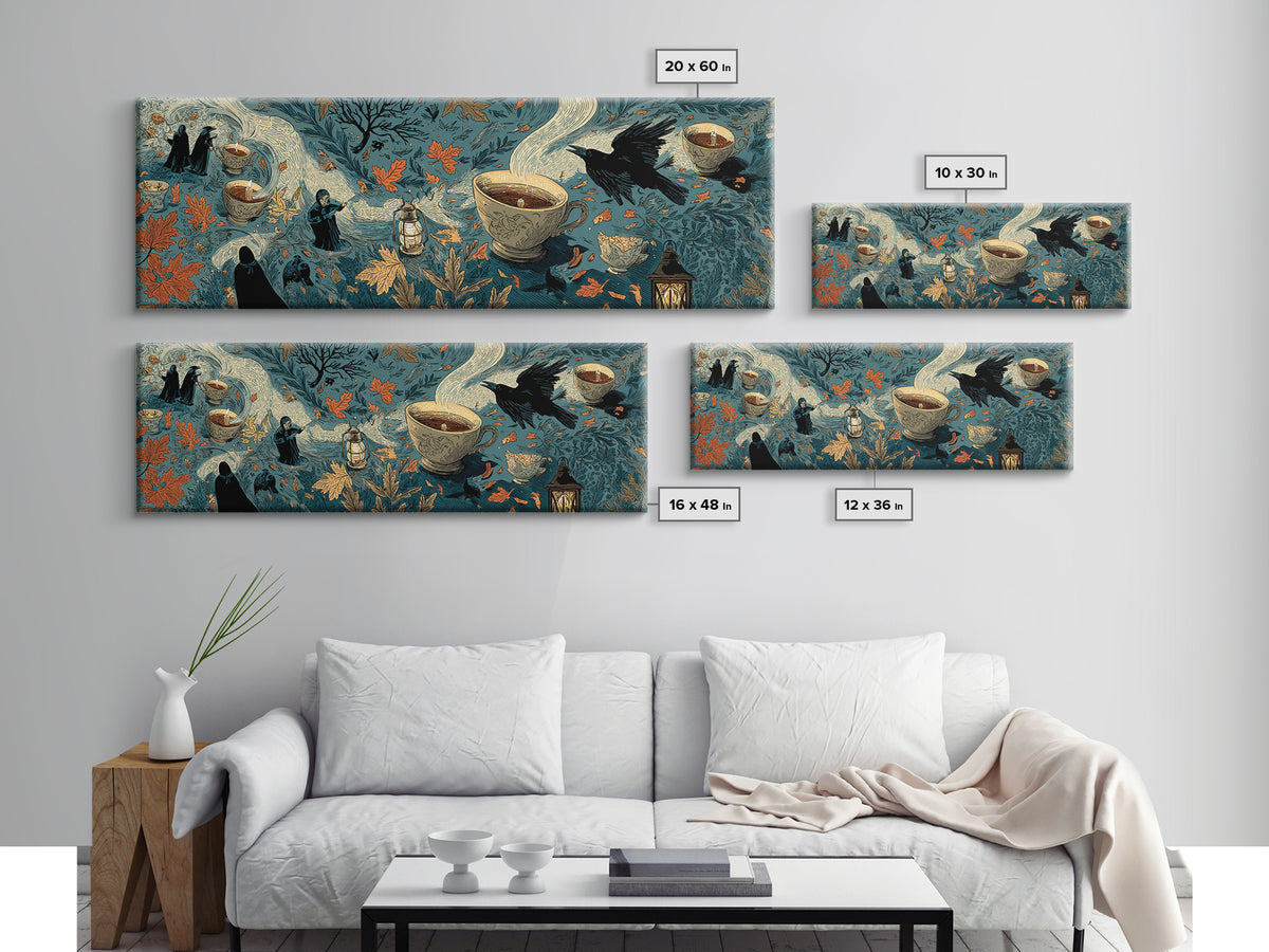 The Haunted Teacup Seance - Procession Scene, Occult Wall Decor, Extra Wide Wall Art, Canvas Print, Halloween Home Decor, Gothic Wall Art
