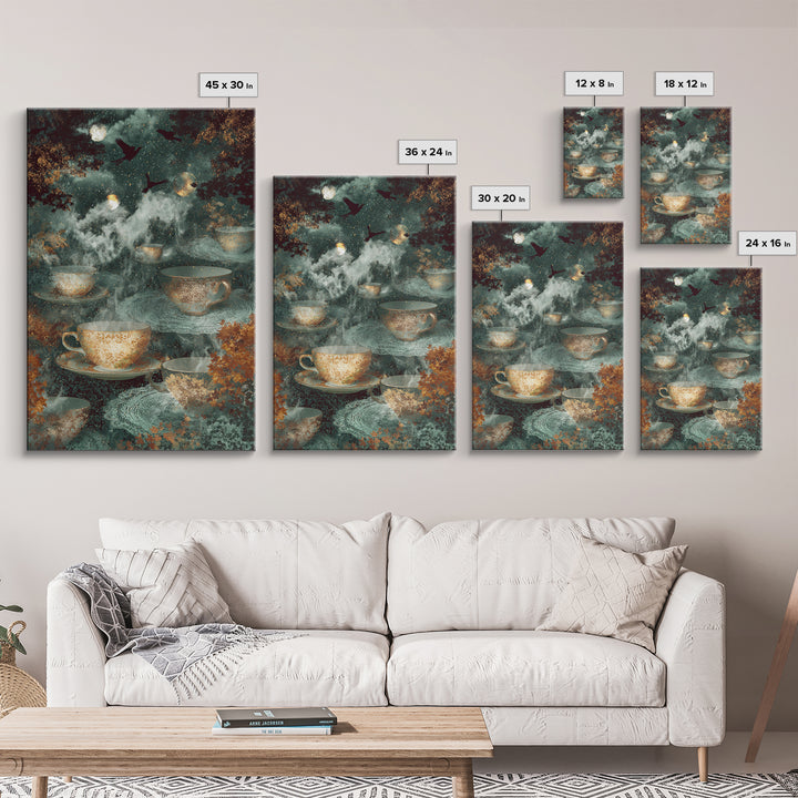 The Haunted Teacup Seance - Surreal Celestial Vision, Gothic Home Decor, Vertical Wall Art, Canvas Print, Halloween Home Decor