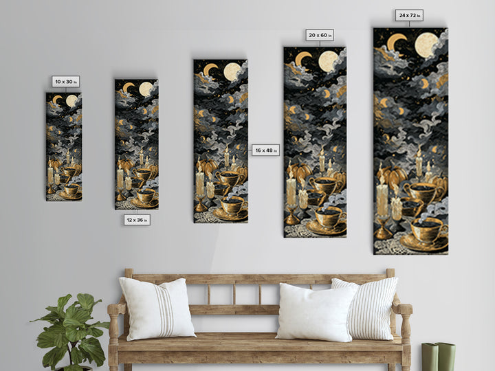 The Haunted Teacup Seance - Surreal Celestial Vision, Macabre Halloween Art, Tall Narrow Wall Art, Framed Canvas Print, Halloween Home Decor