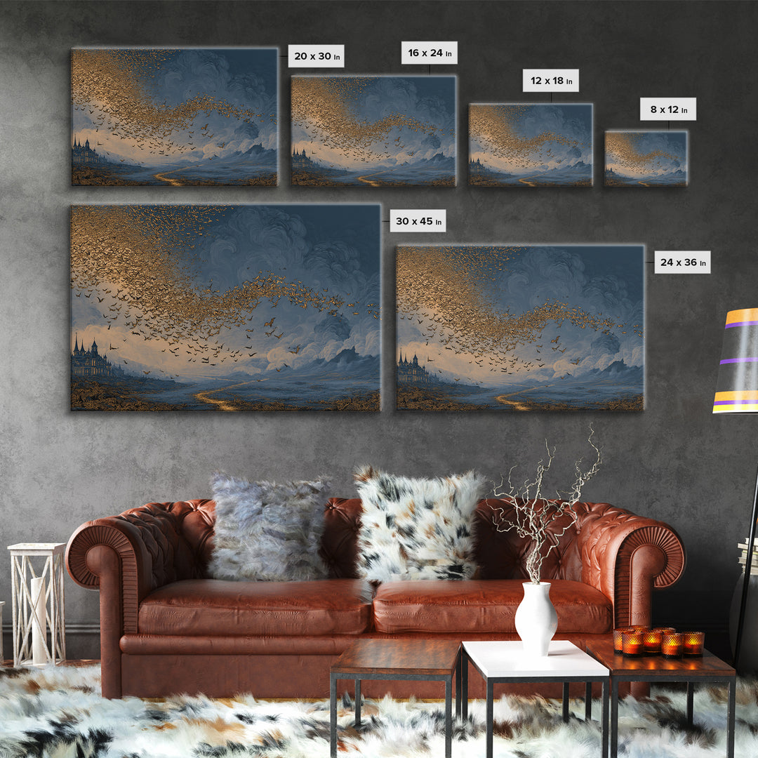The Golden Bat Swarm - Environmental Panorama, Spooky Wall Decor, Landscape Wall Art, Framed Canvas Print, Halloween Home Decor