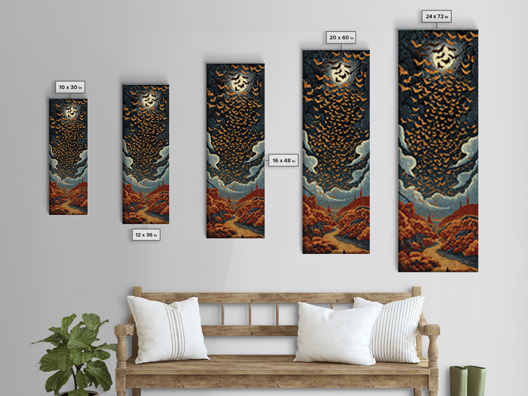 The Golden Bat Swarm - Environmental Panorama, Halloween Wall Art, Tall Narrow Wall Art, Framed Canvas Print, Halloween Home Decor