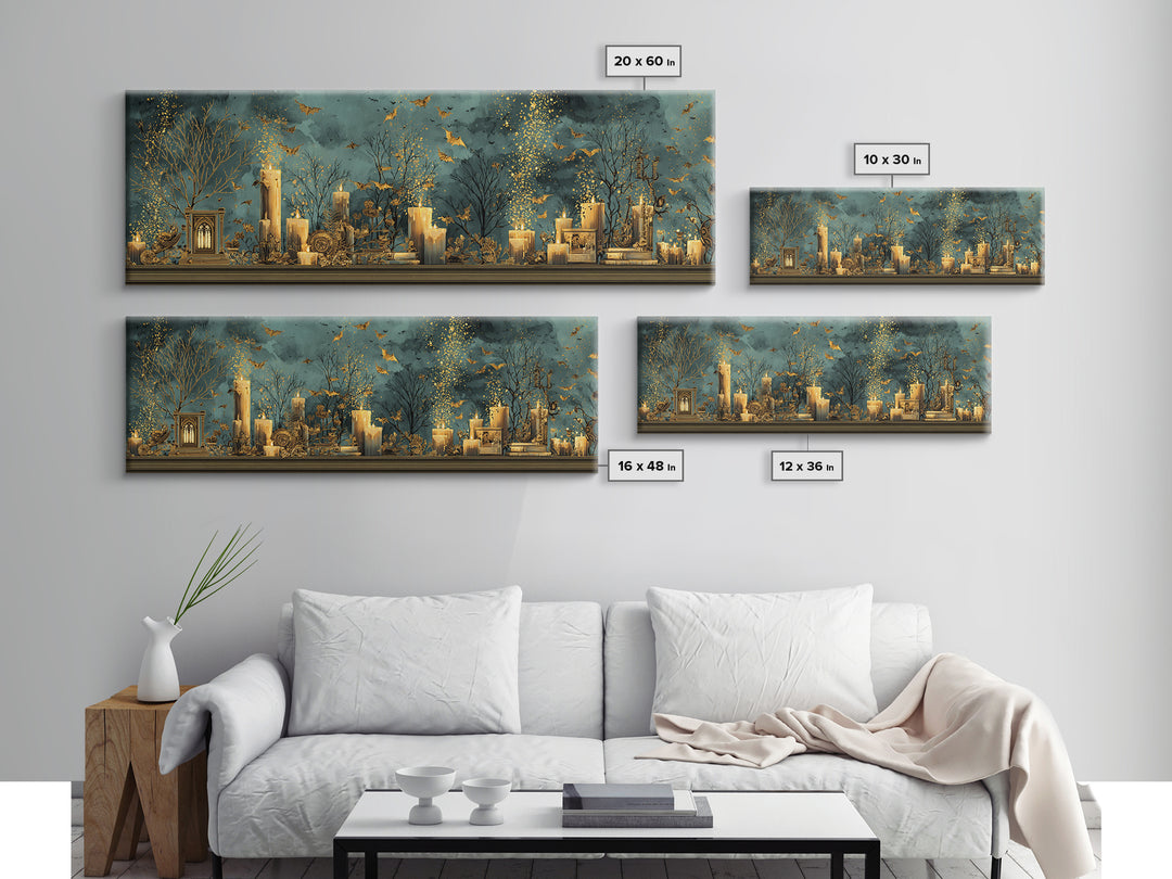 The Golden Bat Swarm - Occult Still Life, Macabre Halloween Art, Extra Wide Wall Art, Framed Canvas Print, Halloween Home Decor