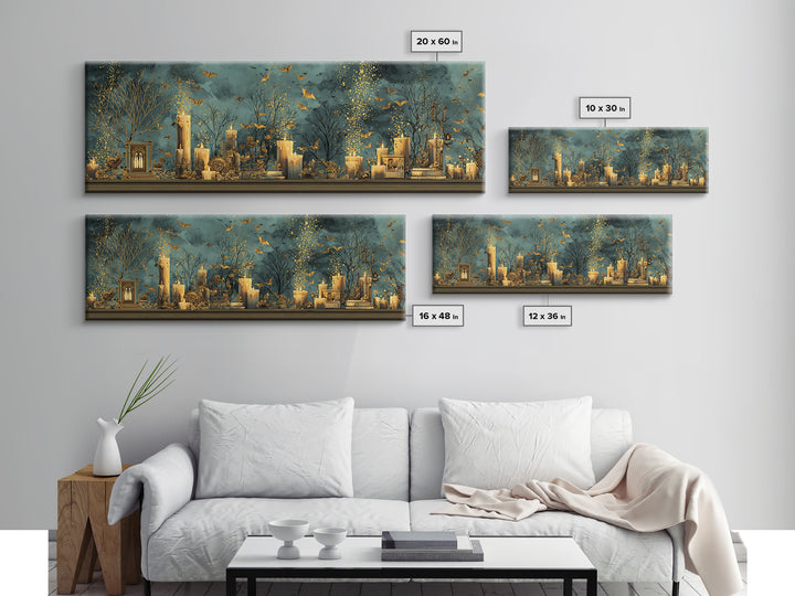 The Golden Bat Swarm - Occult Still Life, Macabre Halloween Art, Extra Wide Wall Art, Framed Canvas Print, Halloween Home Decor
