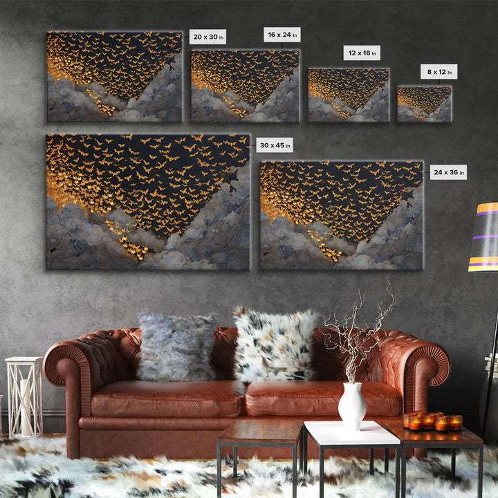The Golden Bat Swarm - Procession Scene, Spooky Wall Decor, Landscape Wall Art, Framed Canvas Print, Halloween Home Decor, Gothic Wall Art