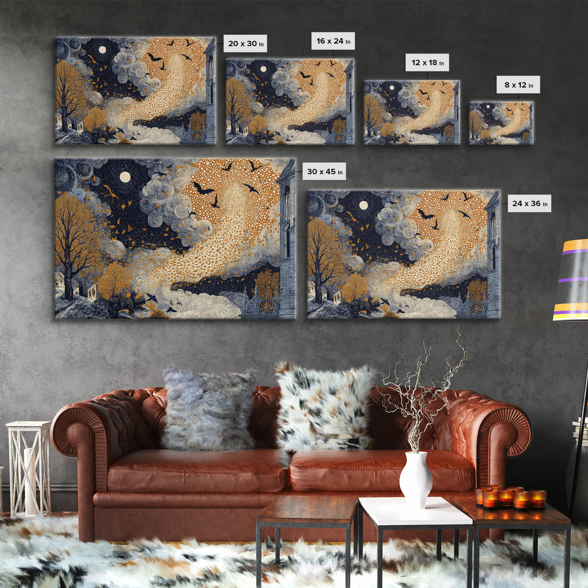 The Golden Bat Swarm - Surreal Celestial Vision, Occult Wall Decor, Landscape Wall Art, Canvas Print, Halloween Home Decor, Gothic Wall Art