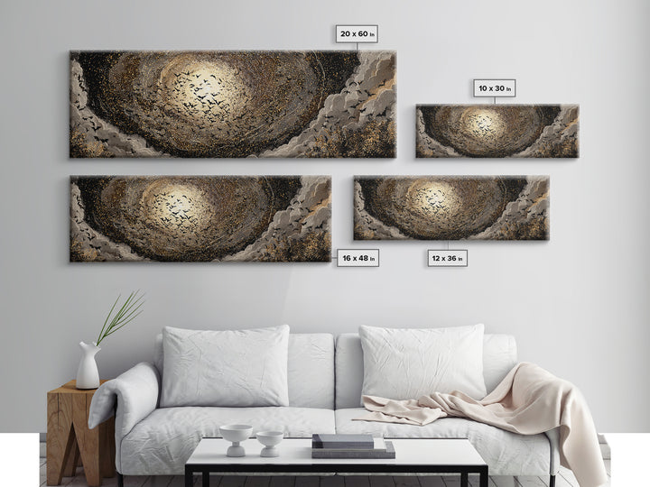The Golden Bat Swarm - Surreal Celestial Vision, Gothic Home Decor, Extra Wide Wall Art, Canvas Print, Halloween Home Decor, Gothic Wall Art