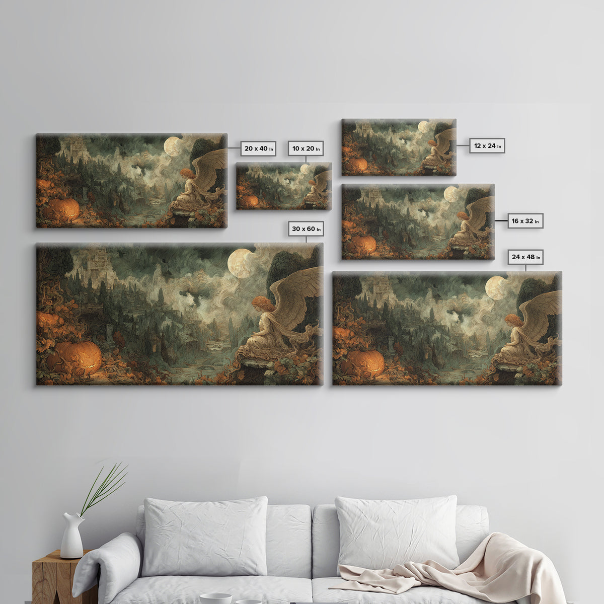 The Pumpkin-Winged Angel - Environmental Panorama, Dark Fantasy Wall Art, Wide Panoramic Art, Canvas Print, Halloween Home Decor