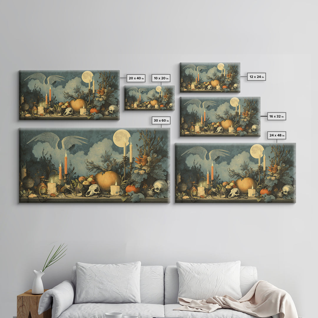 The Pumpkin-Winged Angel - Occult Still Life, Spooky Wall Decor, Wide Panoramic Art, Framed Canvas Print, Halloween Home Decor