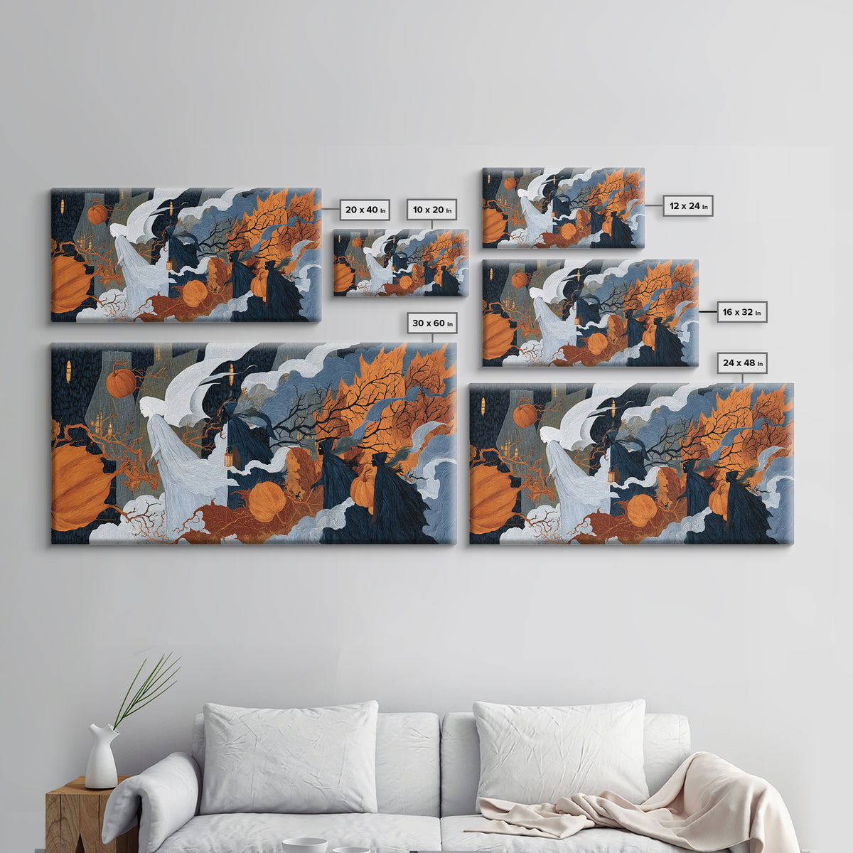 The Pumpkin-Winged Angel - Procession Scene, Macabre Halloween Art, Wide Panoramic Art, Framed Canvas Print, Halloween Home Decor