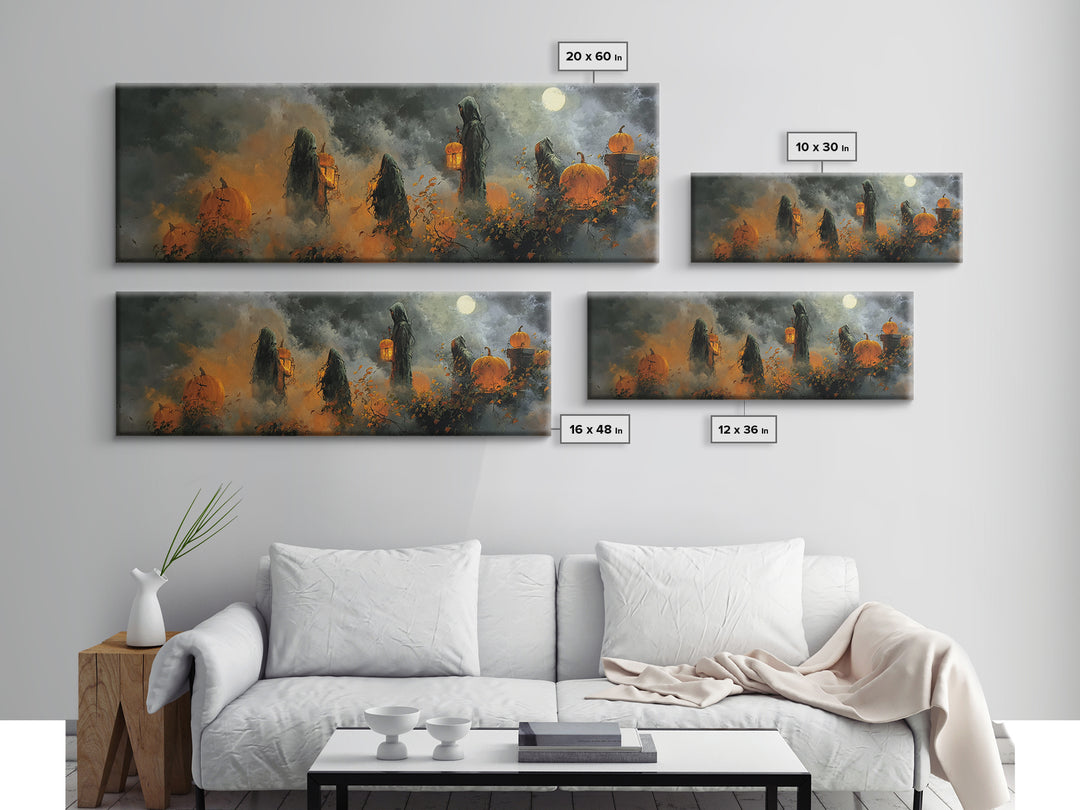 The Pumpkin-Winged Angel - Procession Scene, Macabre Halloween Art, Extra Wide Wall Art, Framed Canvas Print, Halloween Home Decor