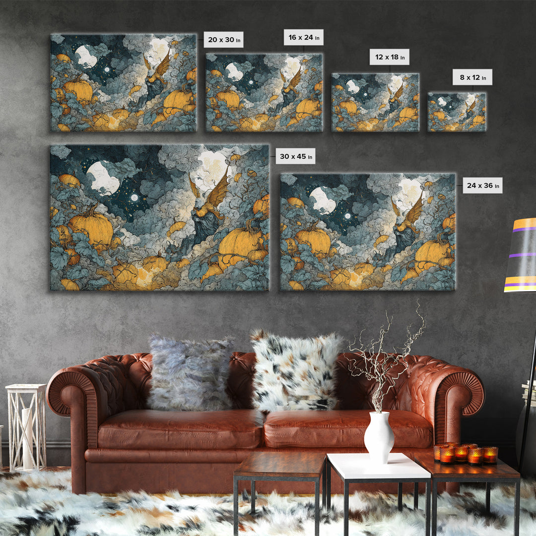 The Pumpkin-Winged Angel - Surreal Celestial Vision, Spooky Wall Decor, Landscape Wall Art, Framed Canvas Print, Halloween Home Decor