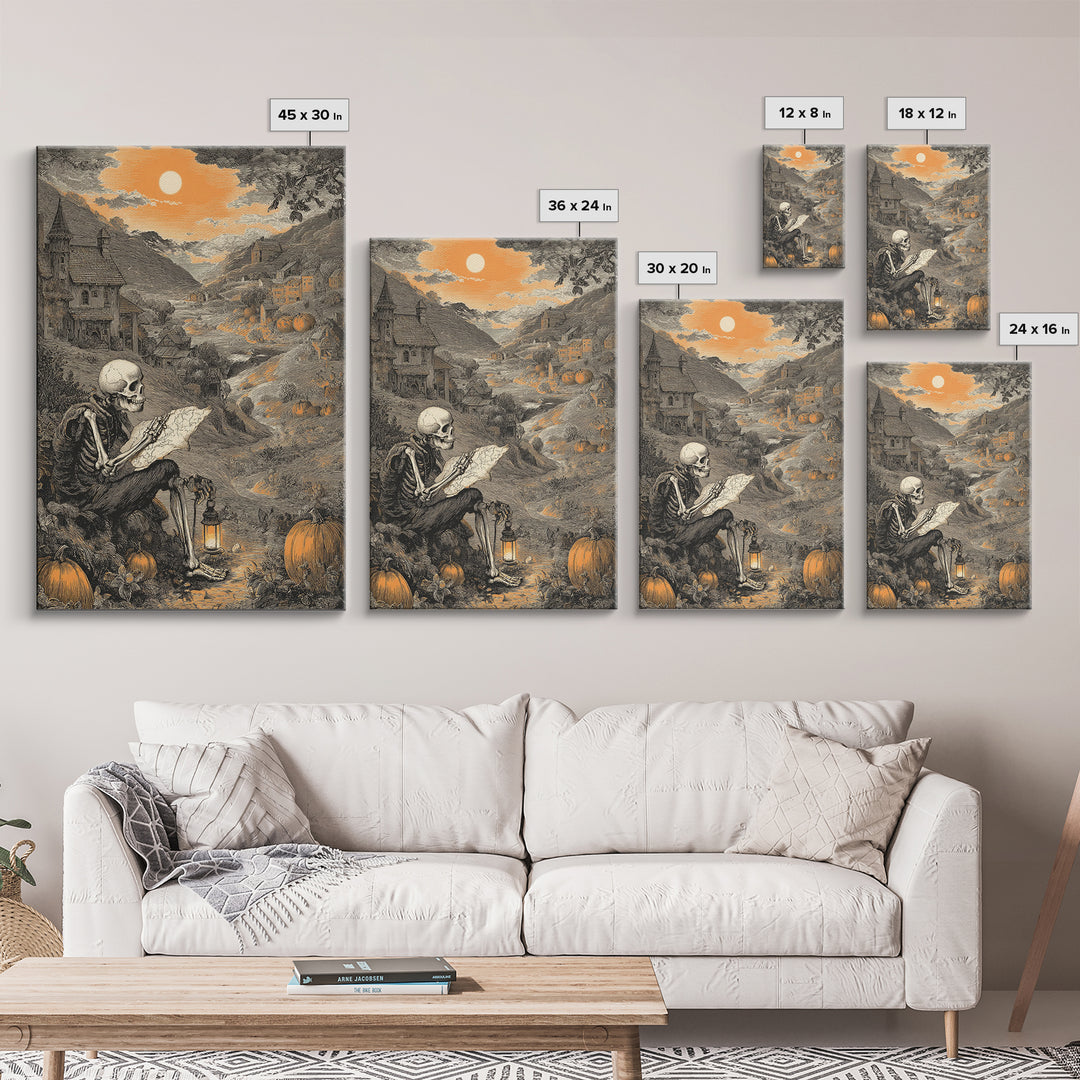 The Skeleton Cartographer - Environmental Panorama, Gothic Home Decor, Vertical Wall Art, Canvas Print, Halloween Home Decor