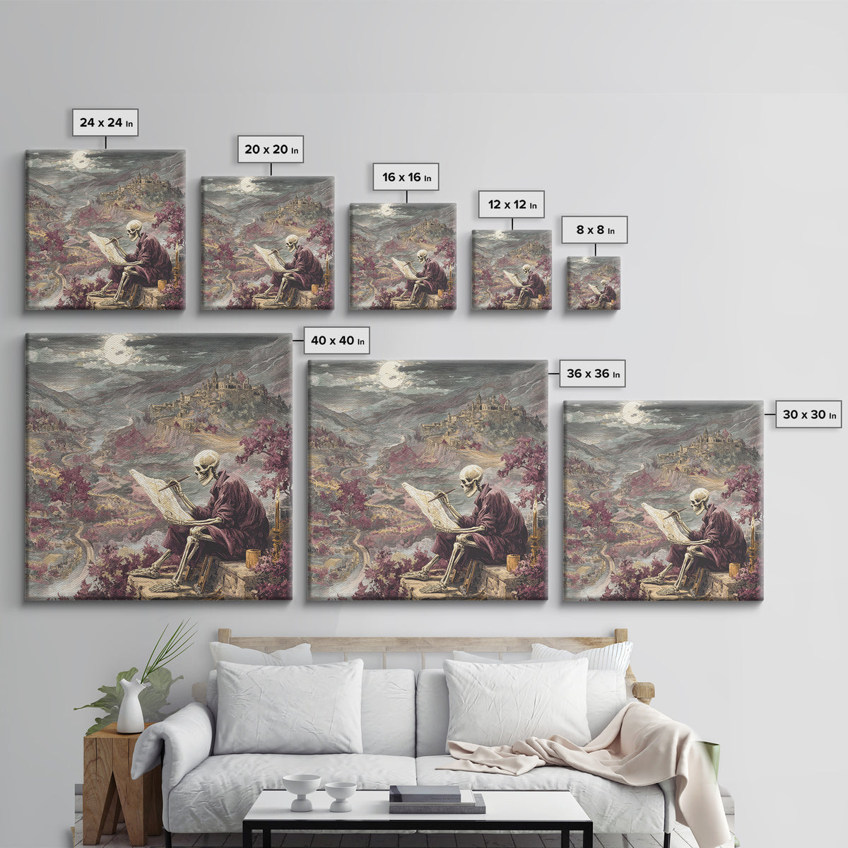 The Skeleton Cartographer - Environmental Panorama, Halloween Wall Art, Square Wall Art, Framed Canvas Print, Halloween Home Decor