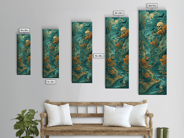 The Skeleton Cartographer - Environmental Panorama, Dark Fantasy Wall Art, Tall Narrow Wall Art, Canvas Print, Halloween Home Decor