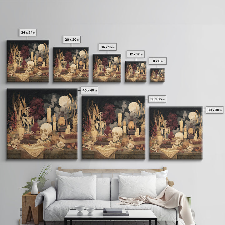The Skeleton Cartographer - Occult Still Life, Macabre Halloween Art, Square Wall Art, Framed Canvas Print, Halloween Home Decor