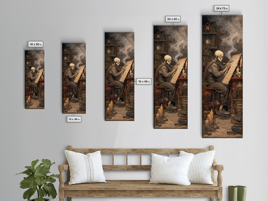 The Skeleton Cartographer - Occult Still Life, Halloween Wall Art, Tall Narrow Wall Art, Framed Canvas Print, Halloween Home Decor