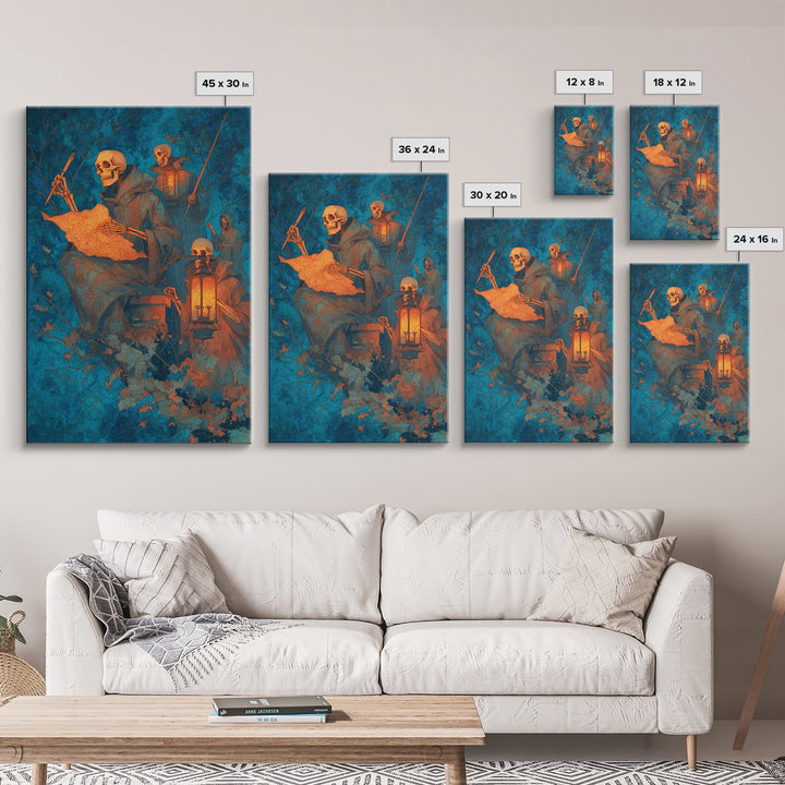 The Skeleton Cartographer - Procession Scene, Dark Fantasy Wall Art, Vertical Wall Art, Canvas Print, Halloween Home Decor, Gothic Wall Art