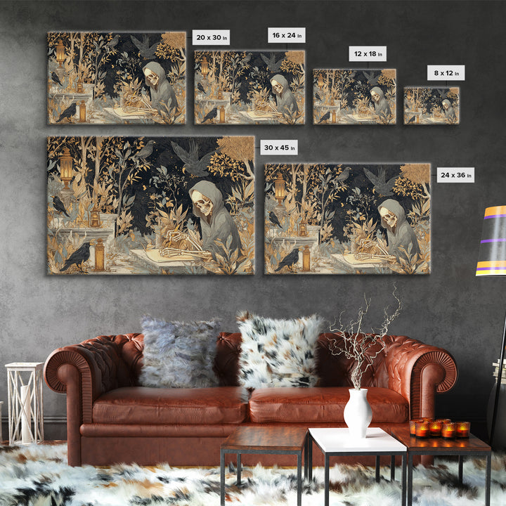 The Skeleton Cartographer - Procession Scene, Halloween Wall Art, Landscape Wall Art, Framed Canvas Print, Halloween Home Decor