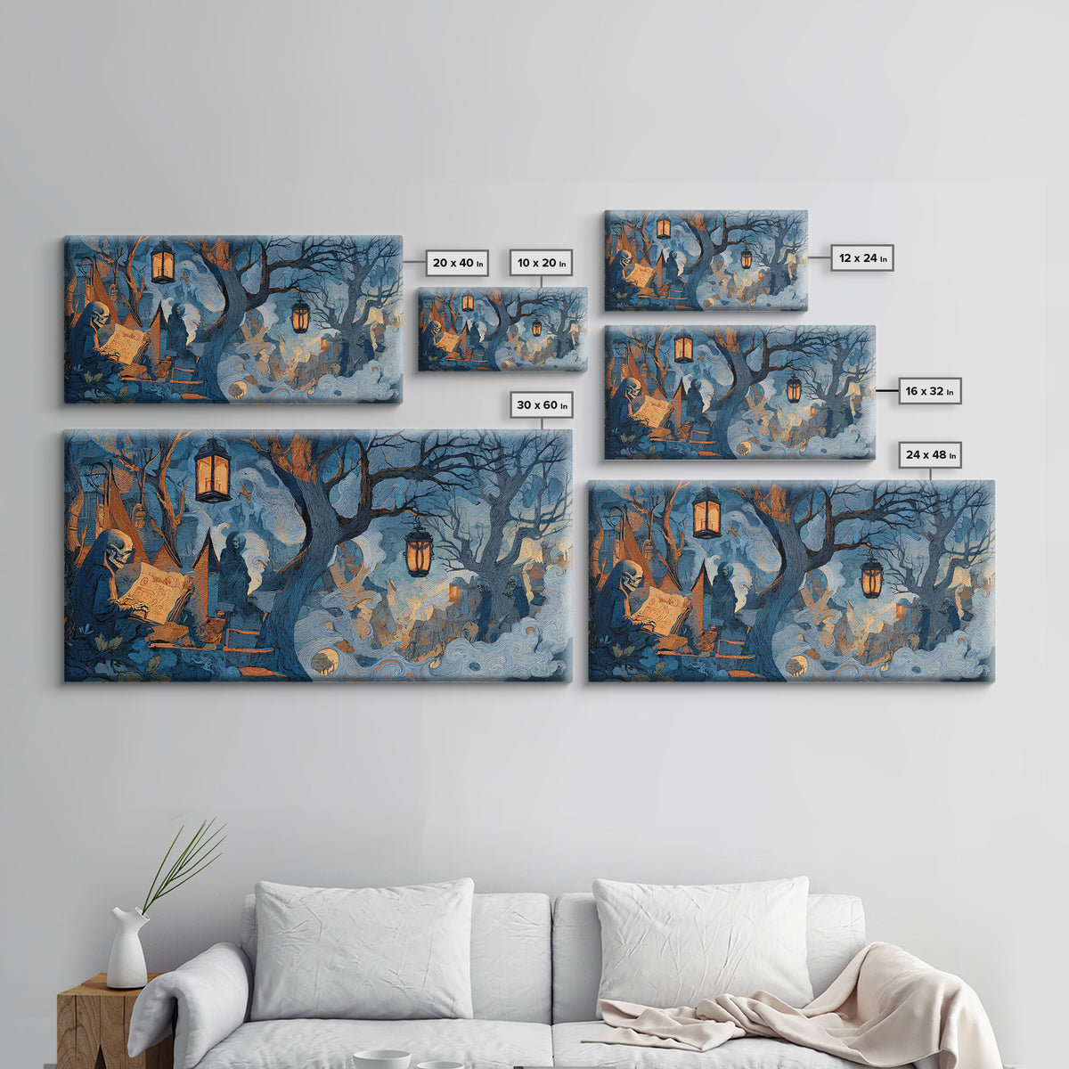 The Skeleton Cartographer - Procession Scene, Macabre Halloween Art, Wide Panoramic Art, Framed Canvas Print, Halloween Home Decor