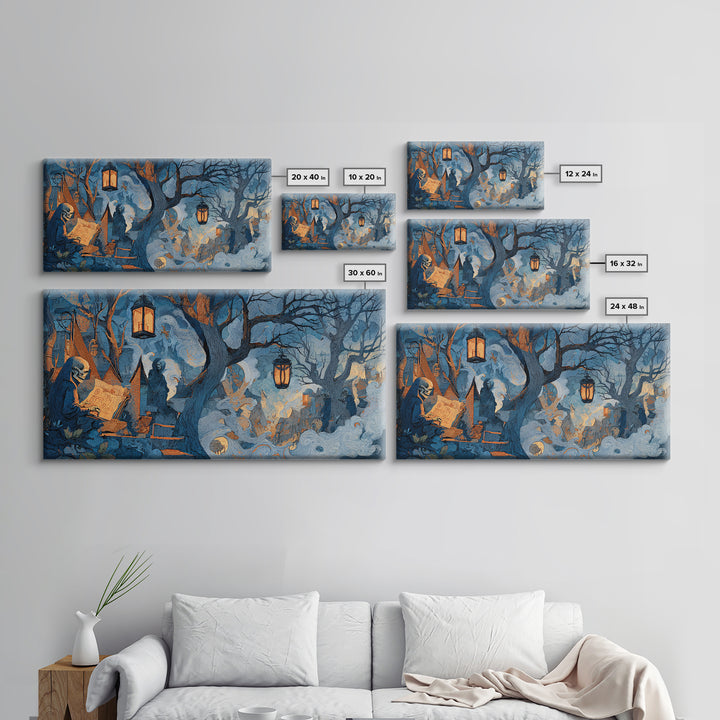 The Skeleton Cartographer - Procession Scene, Macabre Halloween Art, Wide Panoramic Art, Framed Canvas Print, Halloween Home Decor