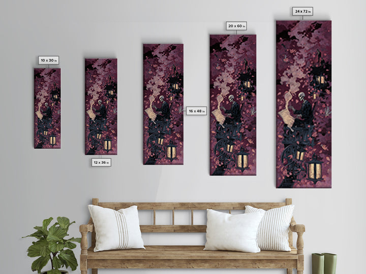 The Skeleton Cartographer - Procession Scene, Macabre Halloween Art, Tall Narrow Wall Art, Framed Canvas Print, Halloween Home Decor