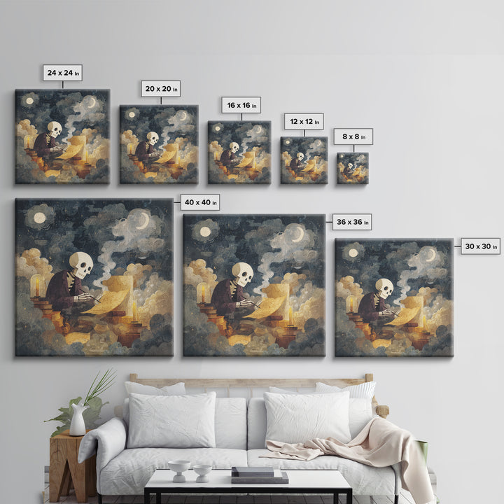 The Skeleton Cartographer - Surreal Celestial Vision, Macabre Halloween Art, Square Wall Art, Framed Canvas Print, Halloween Home Decor