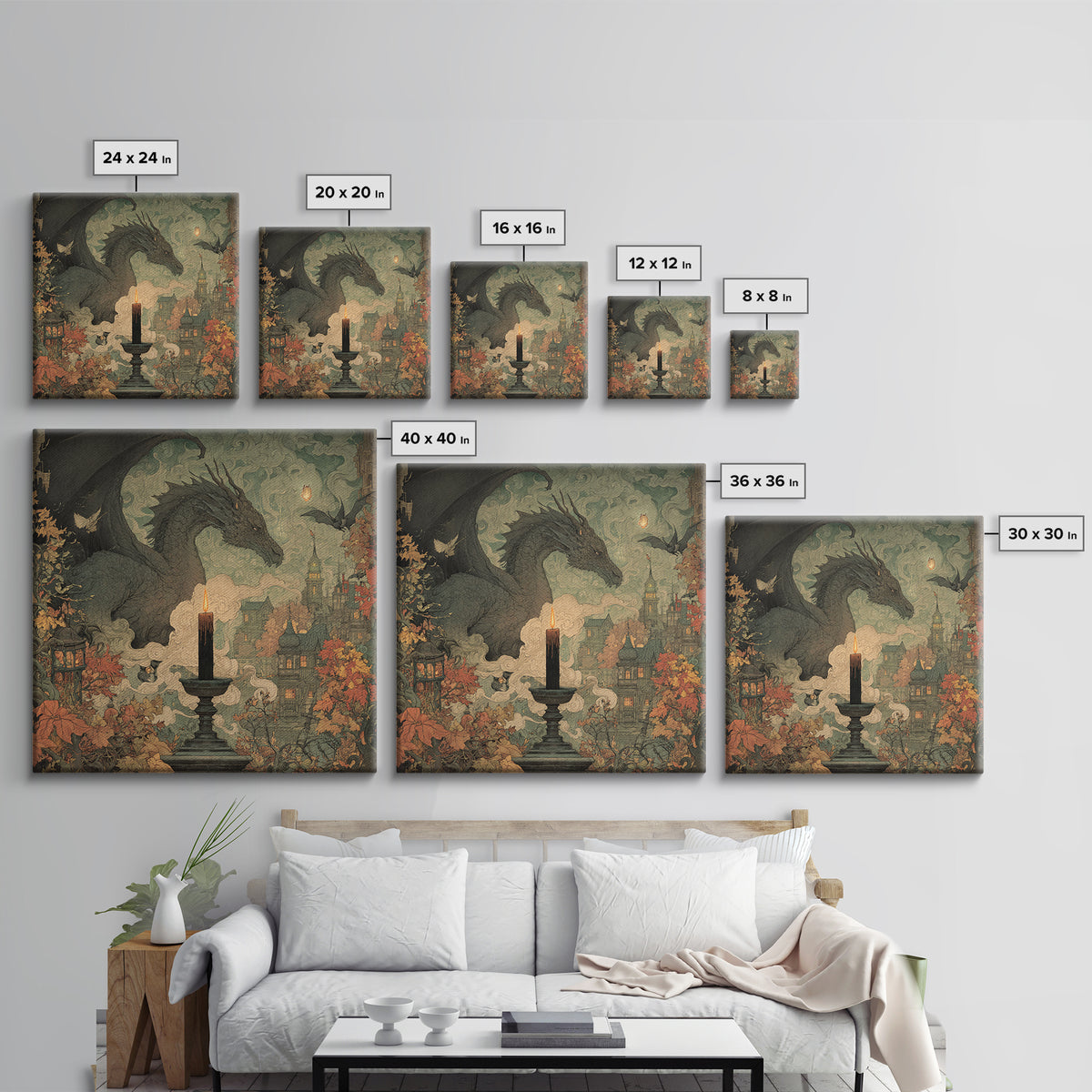 The Candle Smoke Dragon - Environmental Panorama, Gothic Home Decor, Square Wall Art, Canvas Print, Halloween Home Decor, Gothic Wall Art