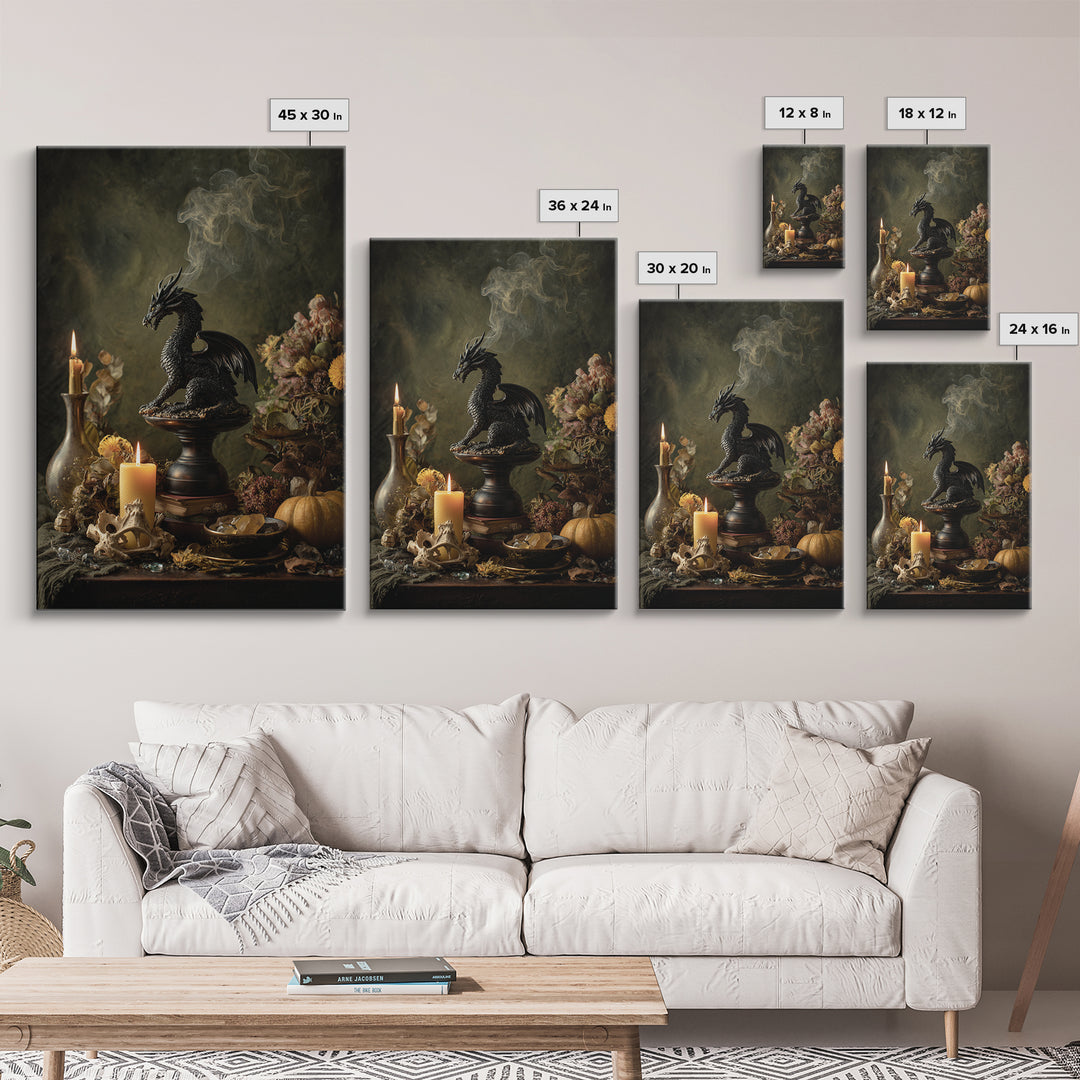The Candle Smoke Dragon - Occult Still Life, Spooky Wall Decor, Vertical Wall Art, Framed Canvas Print, Halloween Home Decor