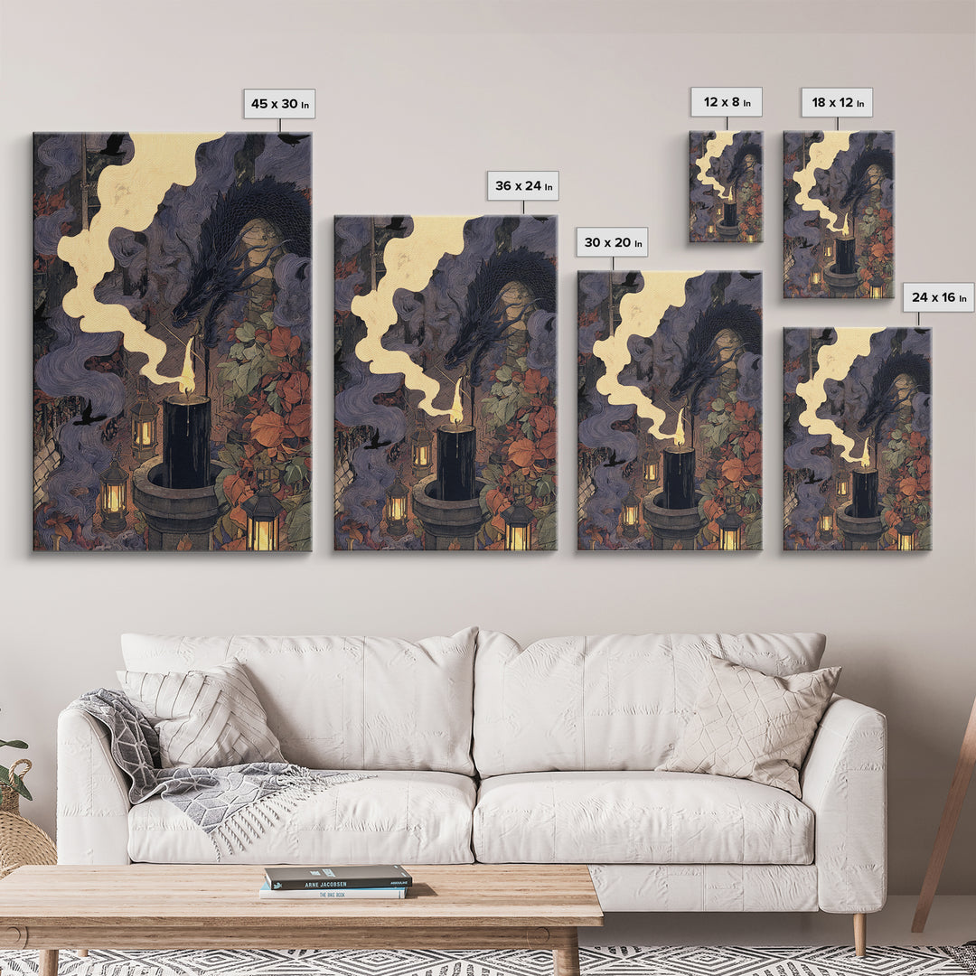 The Candle Smoke Dragon - Procession Scene, Occult Wall Decor, Vertical Wall Art, Canvas Print, Halloween Home Decor, Gothic Wall Art