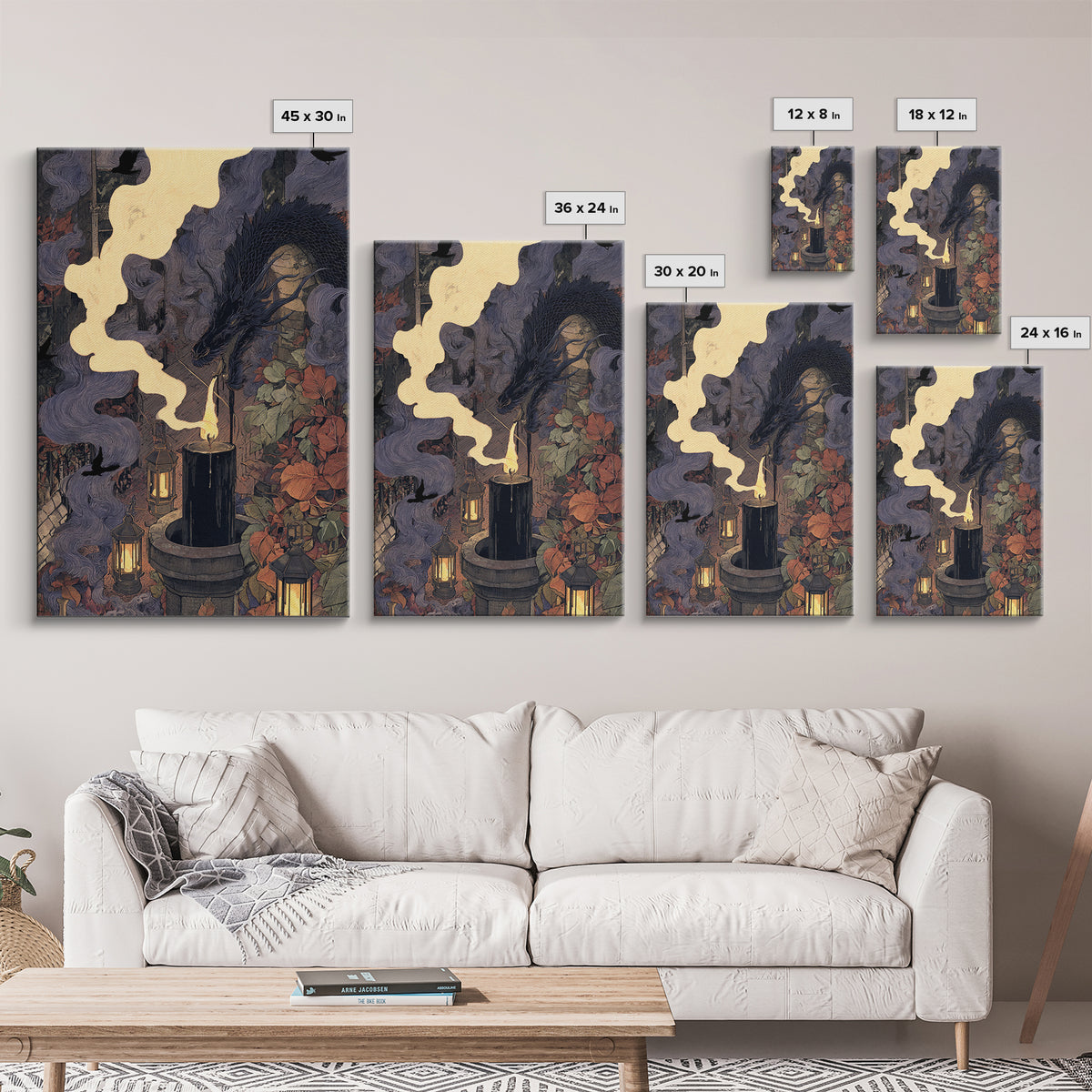 The Candle Smoke Dragon - Procession Scene, Occult Wall Decor, Vertical Wall Art, Canvas Print, Halloween Home Decor, Gothic Wall Art