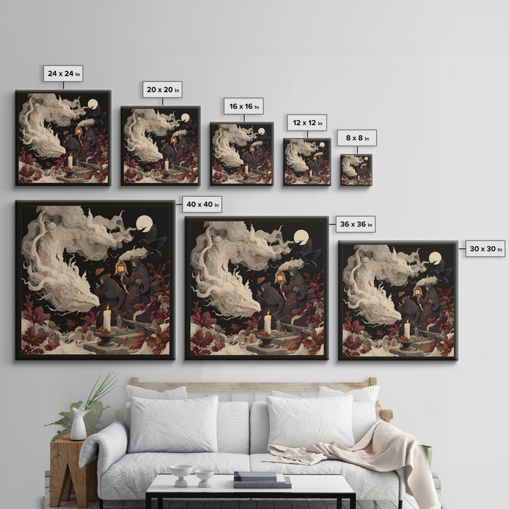 The Candle Smoke Dragon - Procession Scene, Spooky Wall Decor, Square Wall Art, Framed Canvas Print, Halloween Home Decor, Gothic Wall Art