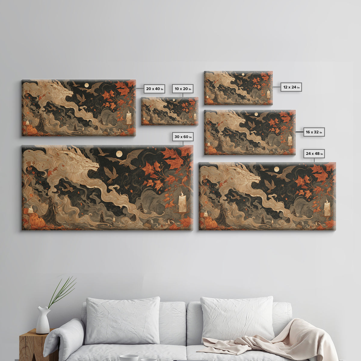 The Candle Smoke Dragon - Procession Scene, Dark Fantasy Wall Art, Wide Panoramic Art, Canvas Print, Halloween Home Decor, Gothic Wall Art