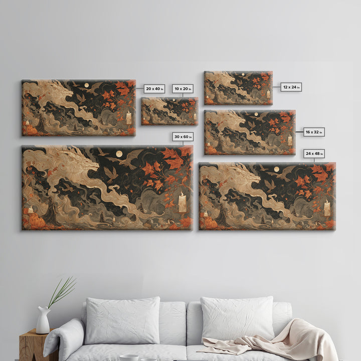 The Candle Smoke Dragon - Procession Scene, Dark Fantasy Wall Art, Wide Panoramic Art, Canvas Print, Halloween Home Decor, Gothic Wall Art