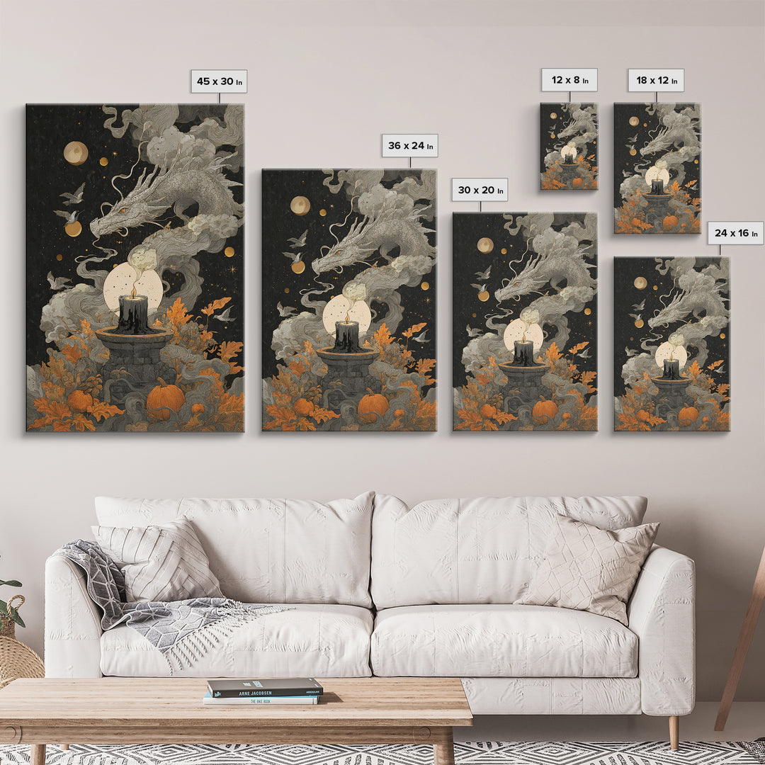 The Candle Smoke Dragon - Surreal Celestial Vision, Dark Fantasy Wall Art, Vertical Wall Art, Canvas Print, Halloween Home Decor