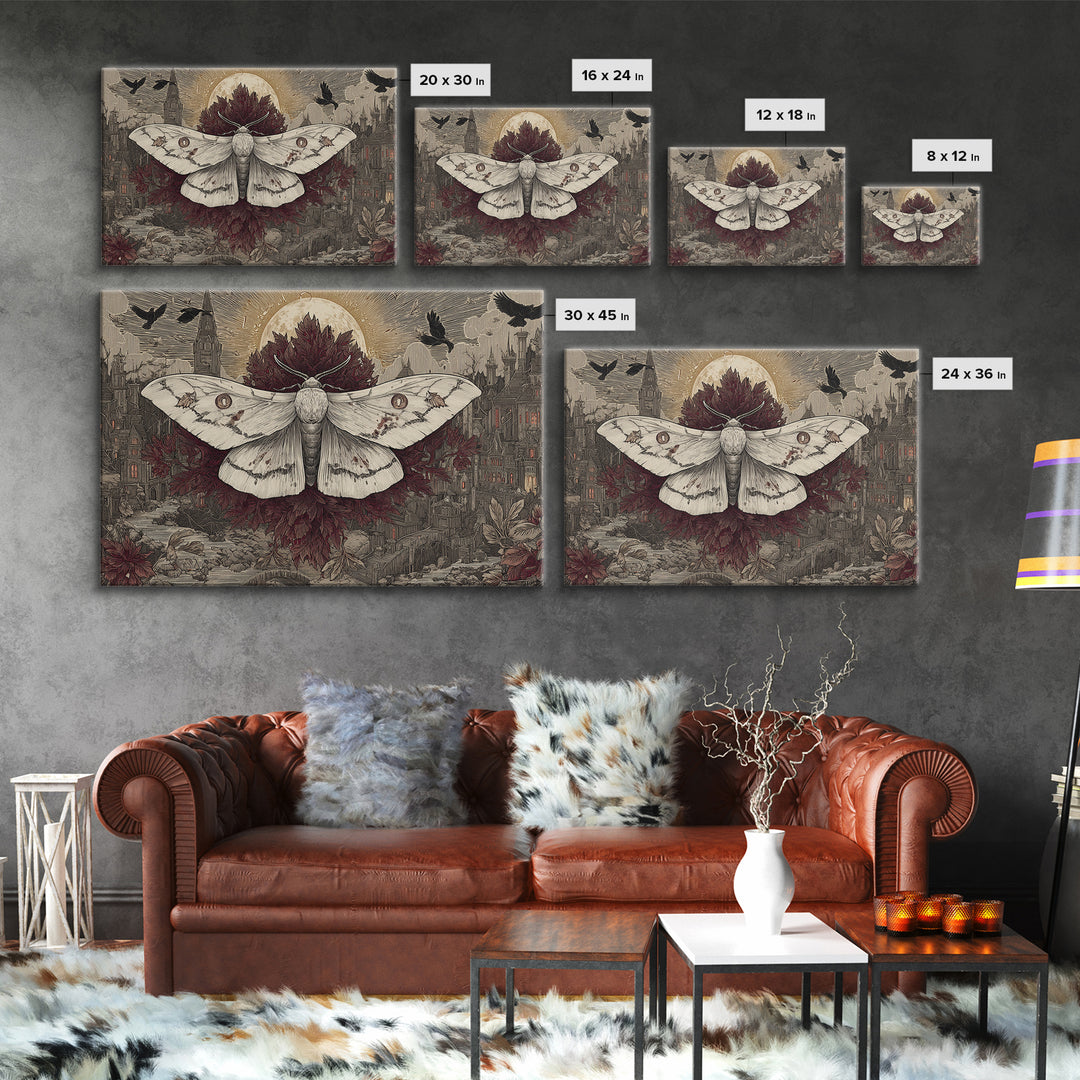 The Mourning Moth Halo - Environmental Panorama, Macabre Halloween Art, Landscape Wall Art, Framed Canvas Print, Halloween Home Decor