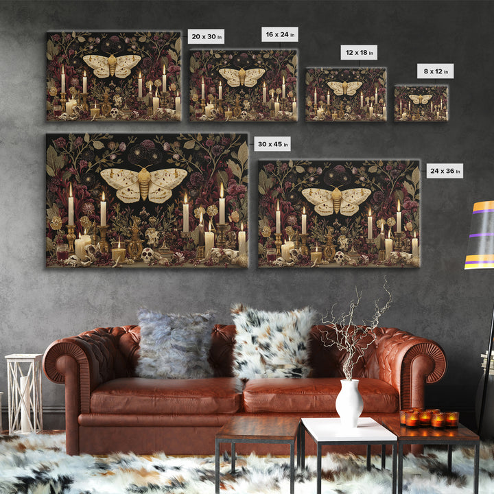 The Mourning Moth Halo - Occult Still Life, Macabre Halloween Art, Landscape Wall Art, Framed Canvas Print, Halloween Home Decor