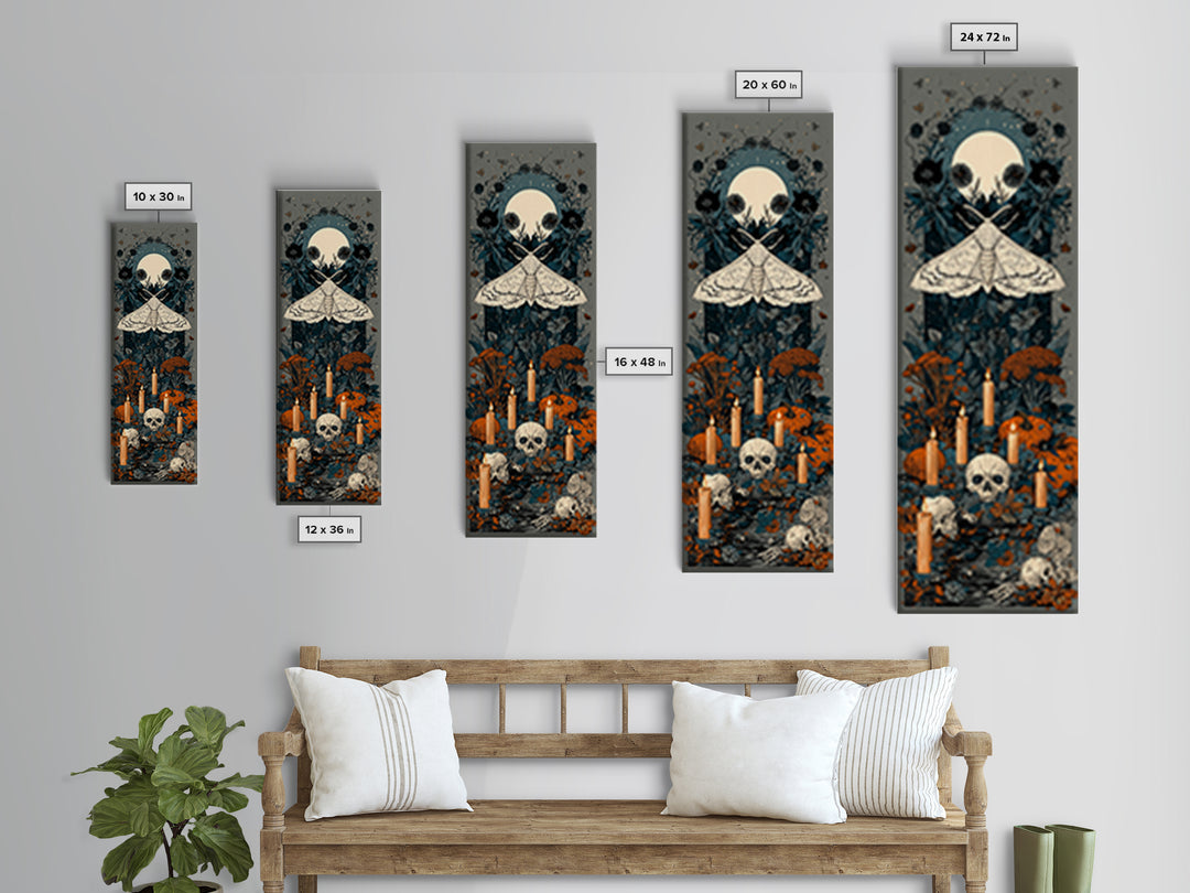 The Mourning Moth Halo - Occult Still Life, Macabre Halloween Art, Tall Narrow Wall Art, Framed Canvas Print, Halloween Home Decor