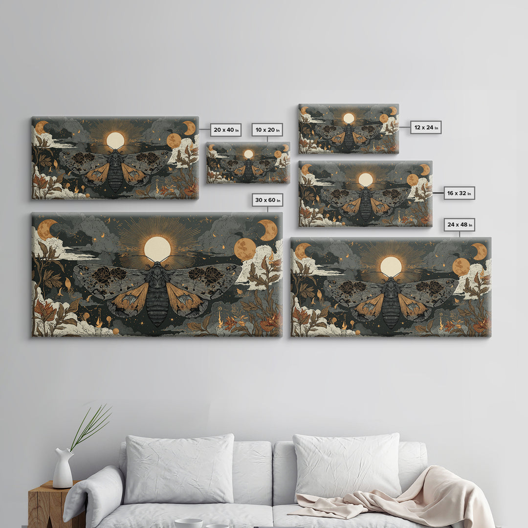 The Mourning Moth Halo - Surreal Celestial Vision, Macabre Halloween Art, Wide Panoramic Art, Framed Canvas Print, Halloween Home Decor
