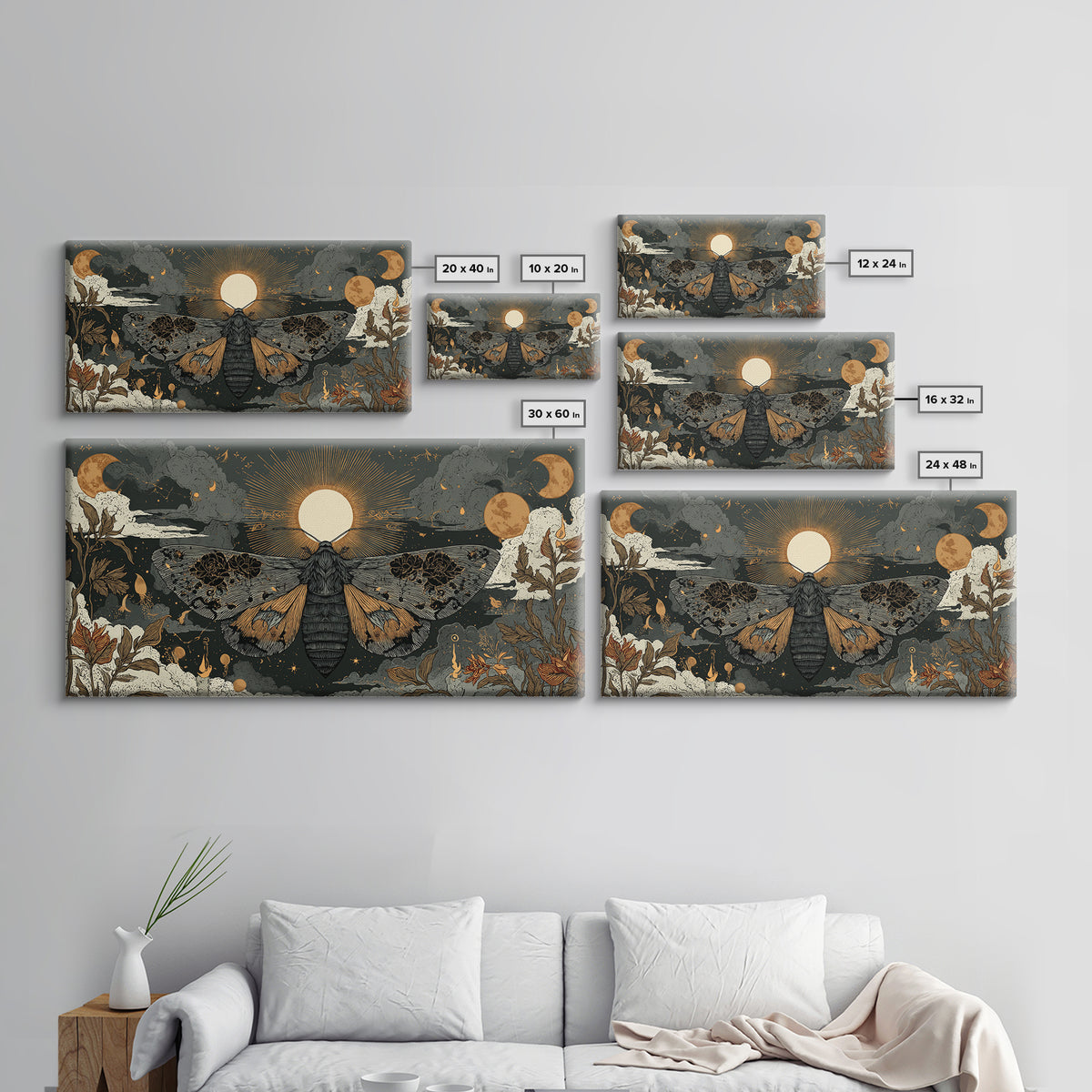 The Mourning Moth Halo - Surreal Celestial Vision, Macabre Halloween Art, Wide Panoramic Art, Framed Canvas Print, Halloween Home Decor
