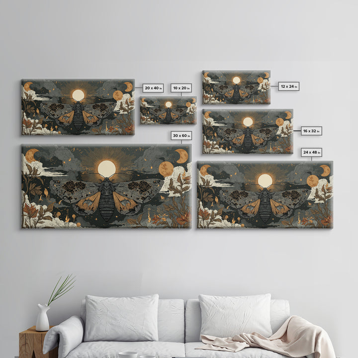 The Mourning Moth Halo - Surreal Celestial Vision, Macabre Halloween Art, Wide Panoramic Art, Framed Canvas Print, Halloween Home Decor