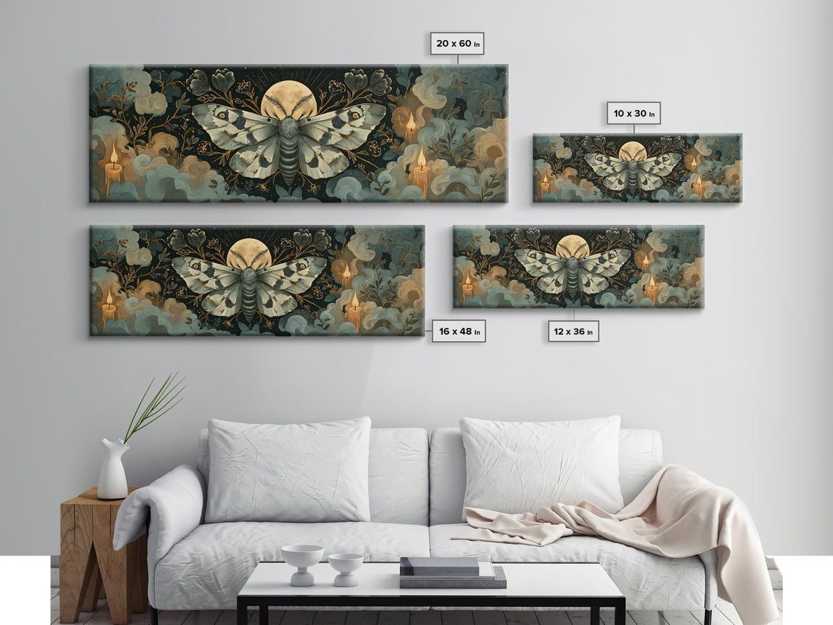 The Mourning Moth Halo - Surreal Celestial Vision, Gothic Home Decor, Extra Wide Wall Art, Canvas Print, Halloween Home Decor