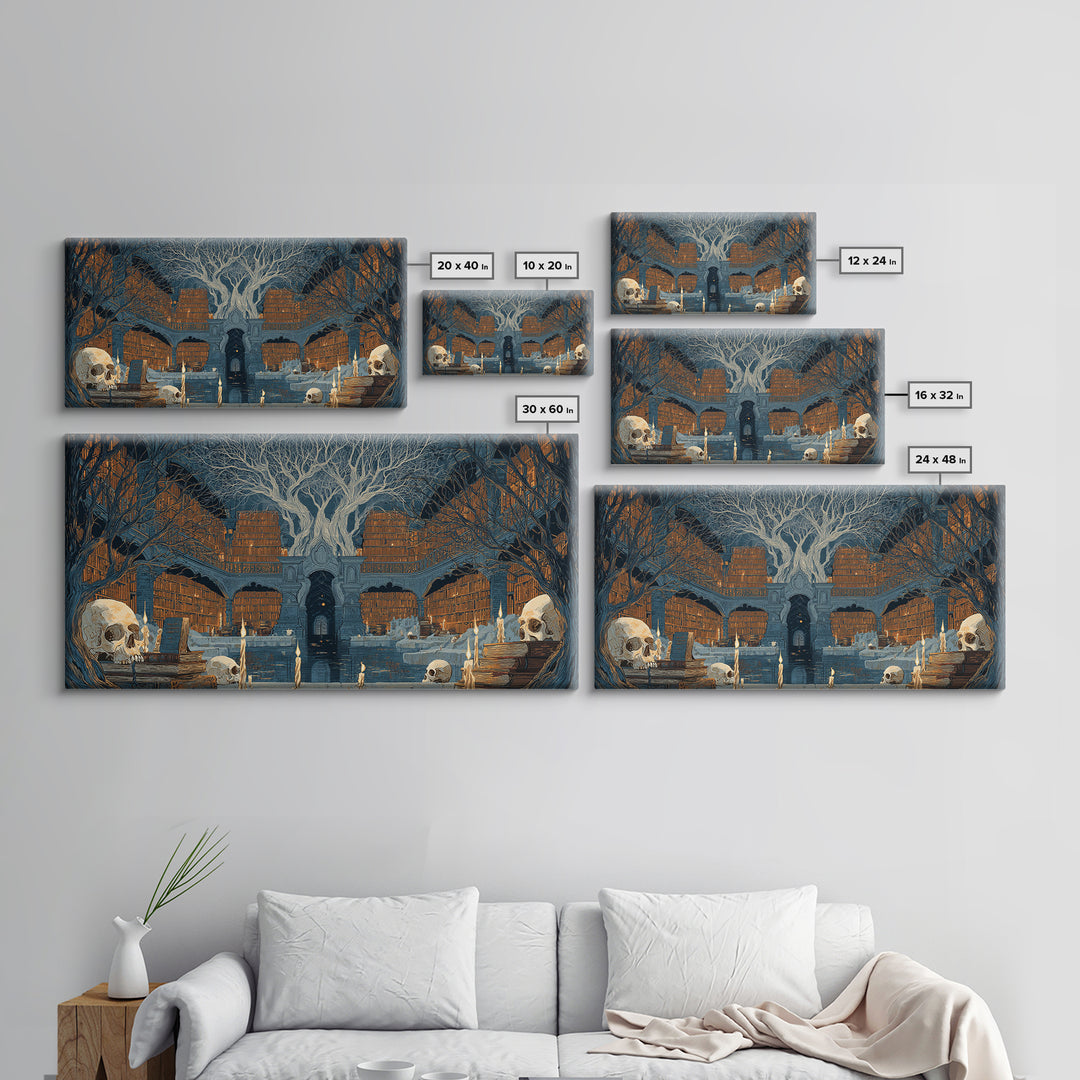 The Catacomb Library - Icon Portrait, Spooky Wall Decor, Wide Panoramic Art, Framed Canvas Print, Halloween Home Decor, Gothic Wall Art